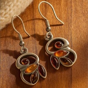 Vintage Amber Leaf Earrings Artisan Silver Abstract 1970s Modernist
